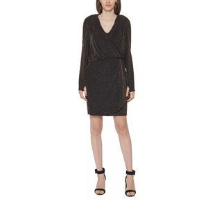 CALVIN KLEIN Glitter-Knit Gathered-Waist Dress Black & Gold Size 2